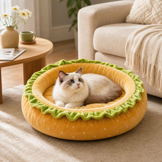 Cama para animais de estimação em formato de pão de hambúrguer, macia e quente,