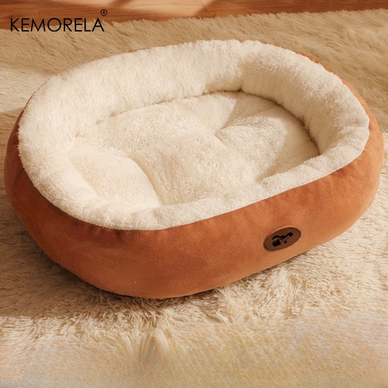 Cama oval de pelúcia para cães e gatos, almofada absorvente lavável para todas a