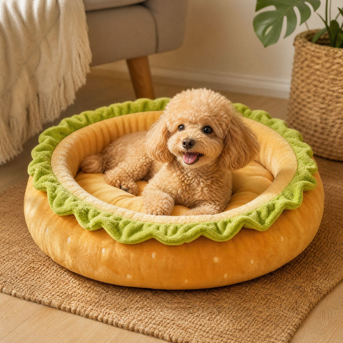 Cama para animais de estimação em formato de pão de hambúrguer, macia e quente,