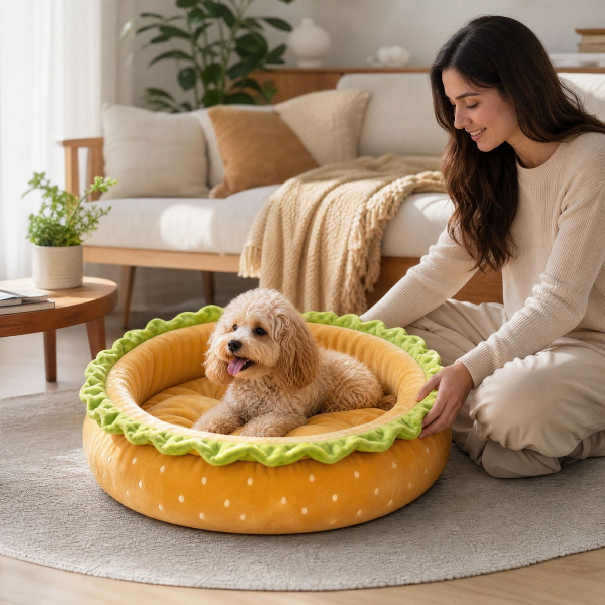 Cama para animais de estimação em formato de pão de hambúrguer, macia e quente,